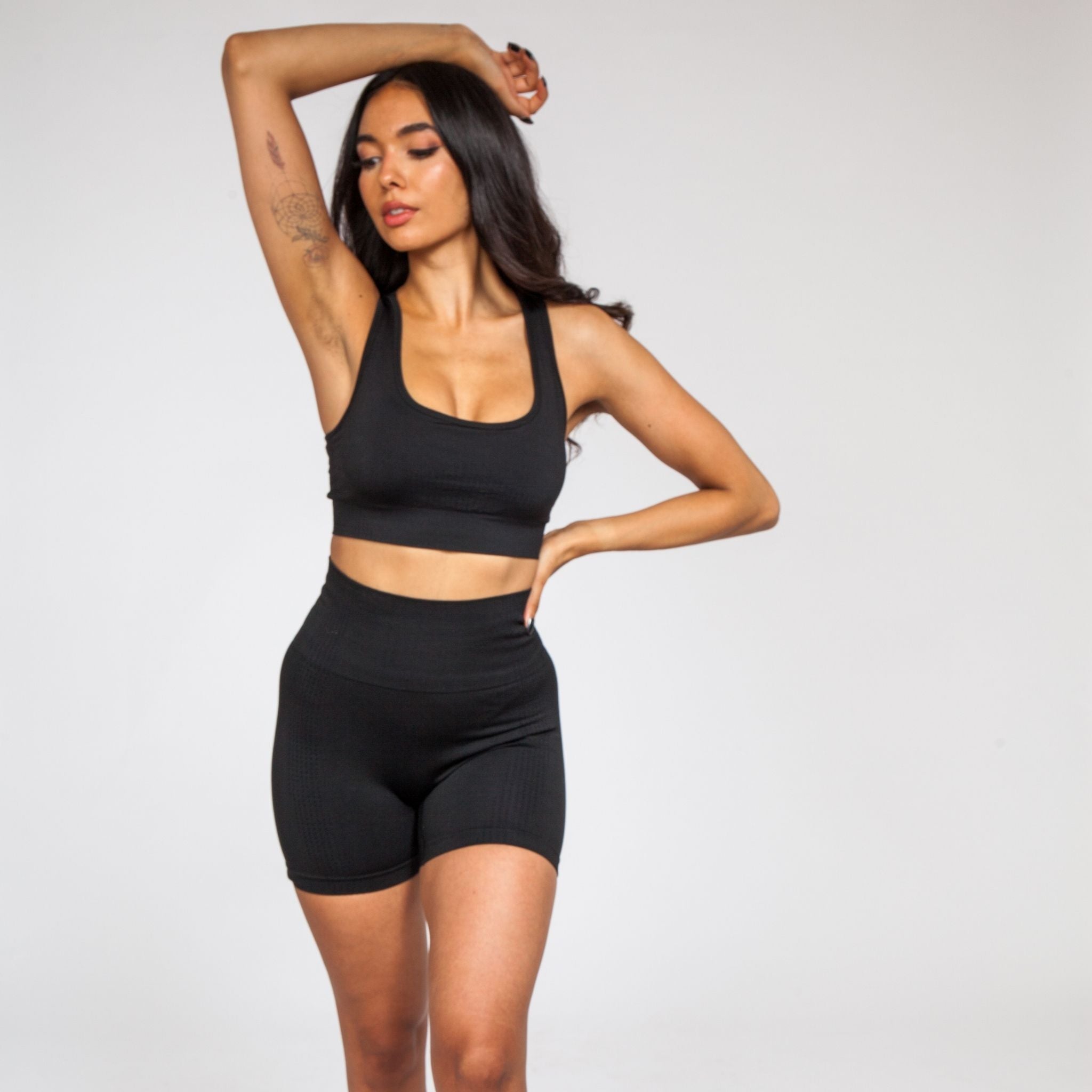 BetterMe Jet Black Strappy Back Top and Bike Shorts Sports Set for